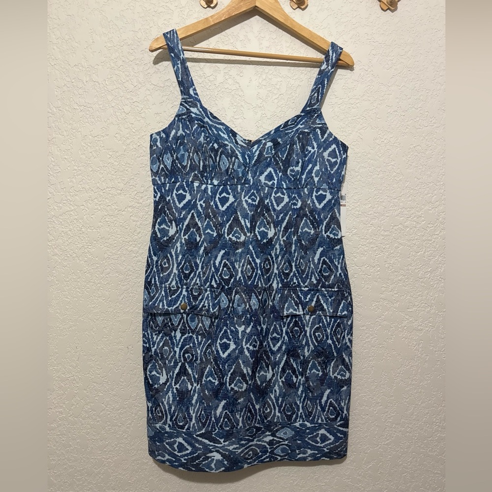 Maggy London sleeveless chambray geometric pattern dress size 12 nwt